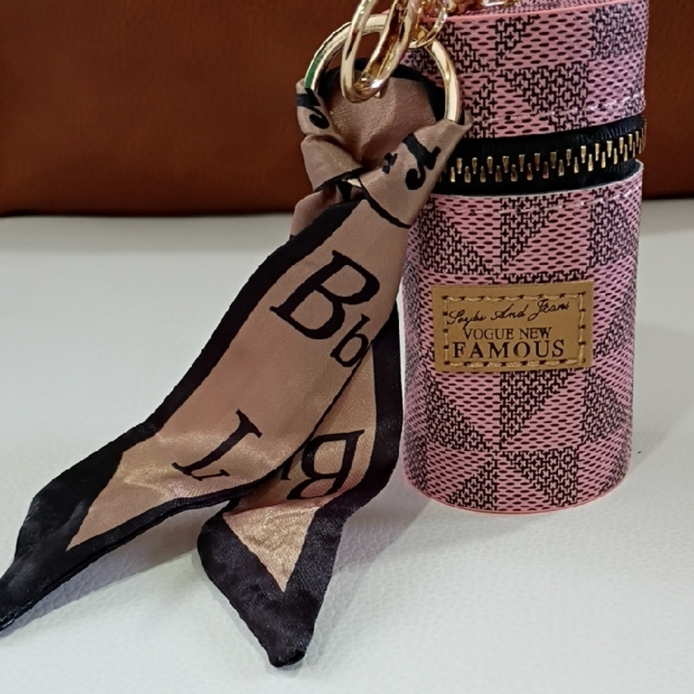 Pink and Black Patterned Cylinder Bag Charm / Coin Purse with Scarf Accent